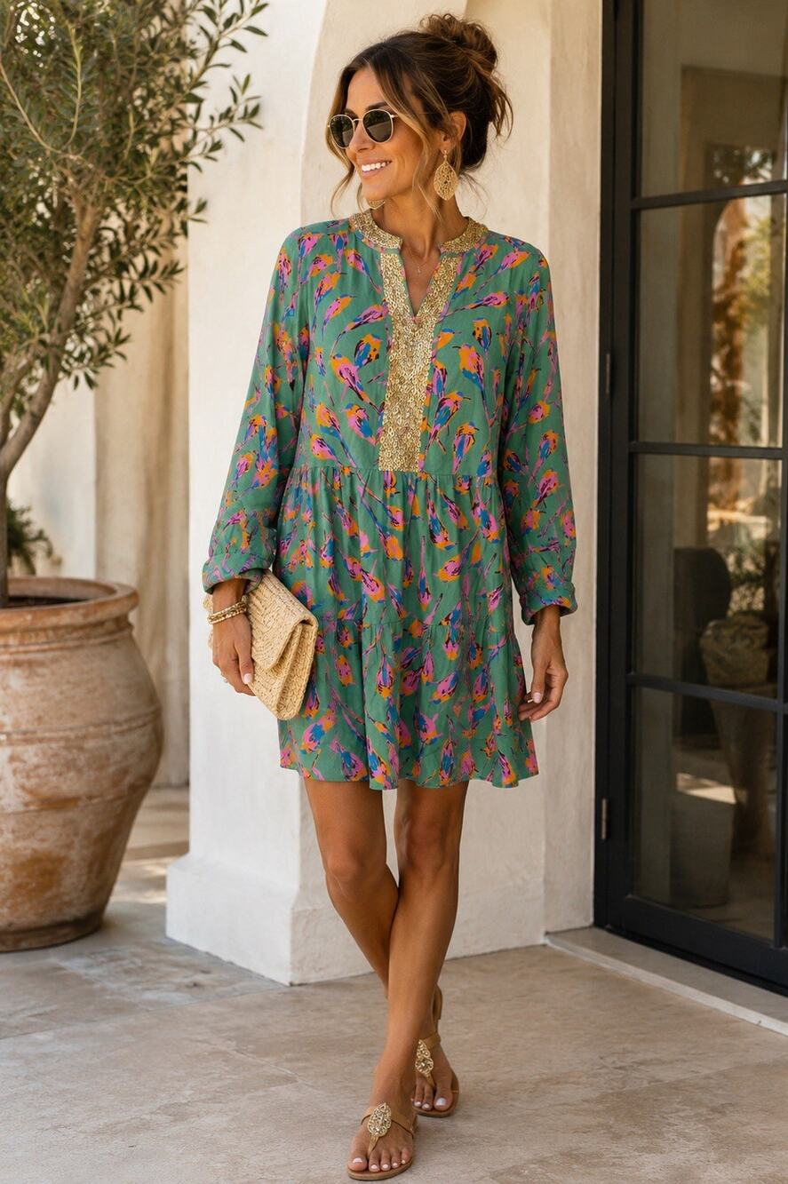 Sheridan French Jade Birds V-Neckline Abigail Tunic Dress Size Large